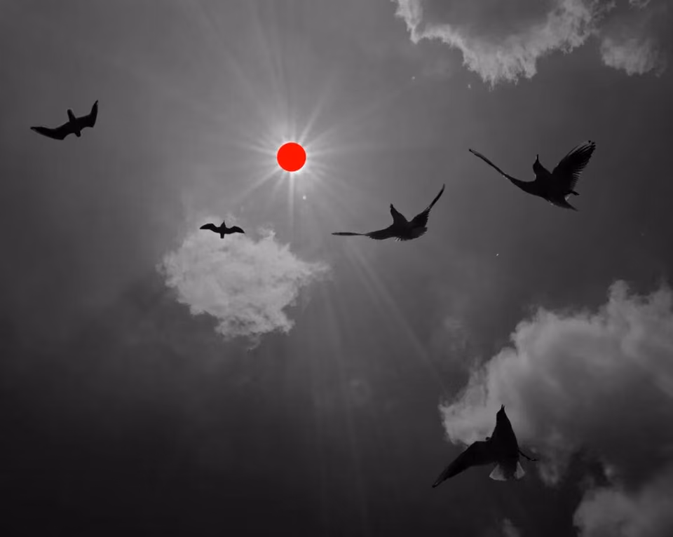 黑白天空中飞鸟剪影与白云，太阳位置叠加一枚红色圆点