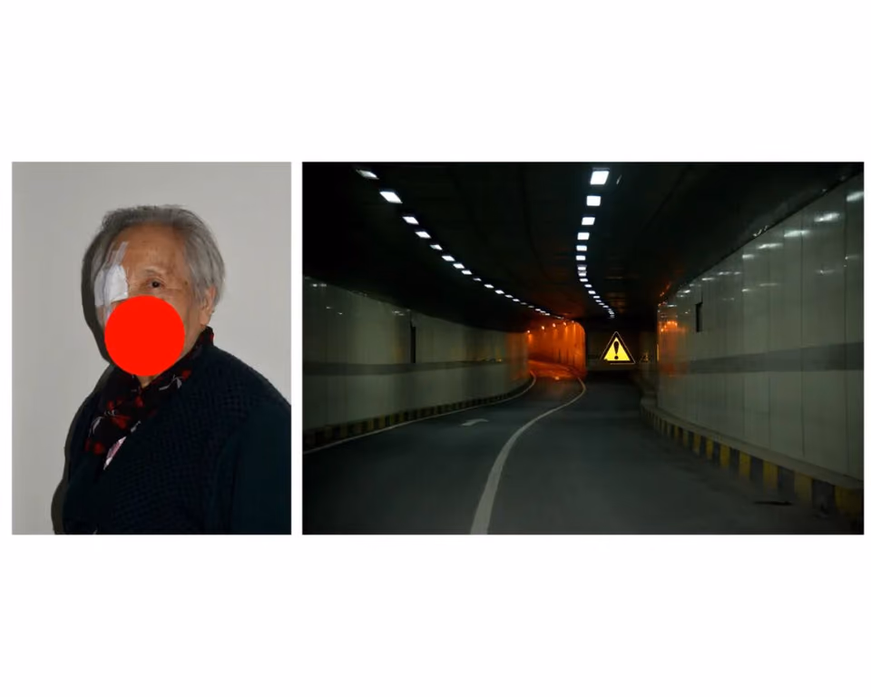 左右并置：白发老人肖像面部被红圆点遮挡，夜色中亮灯的隧道