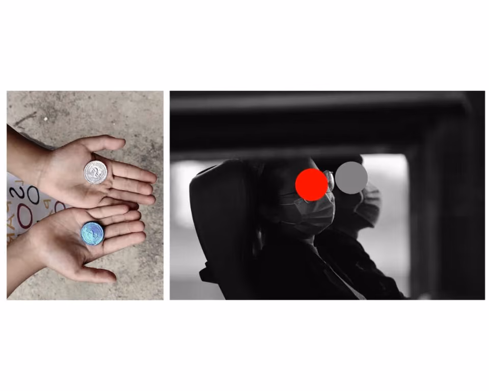 白底并置两图：左为两只手掌各托一枚硬币，右为黑白人像，面部覆有红灰圆点