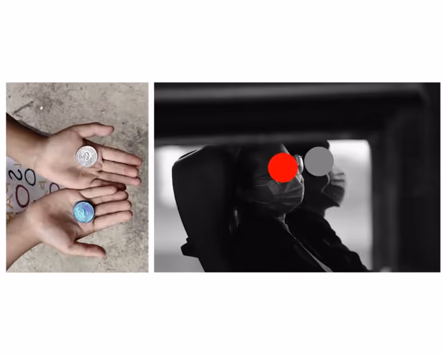 白底并置两图：左为两只手掌各托一枚硬币，右为黑白人像，面部覆有红灰圆点