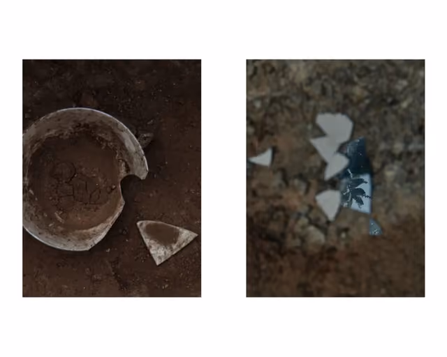 白底并置两图：左为泥地上缺口的陶盆与碎片，右为地面上的几片碎镜