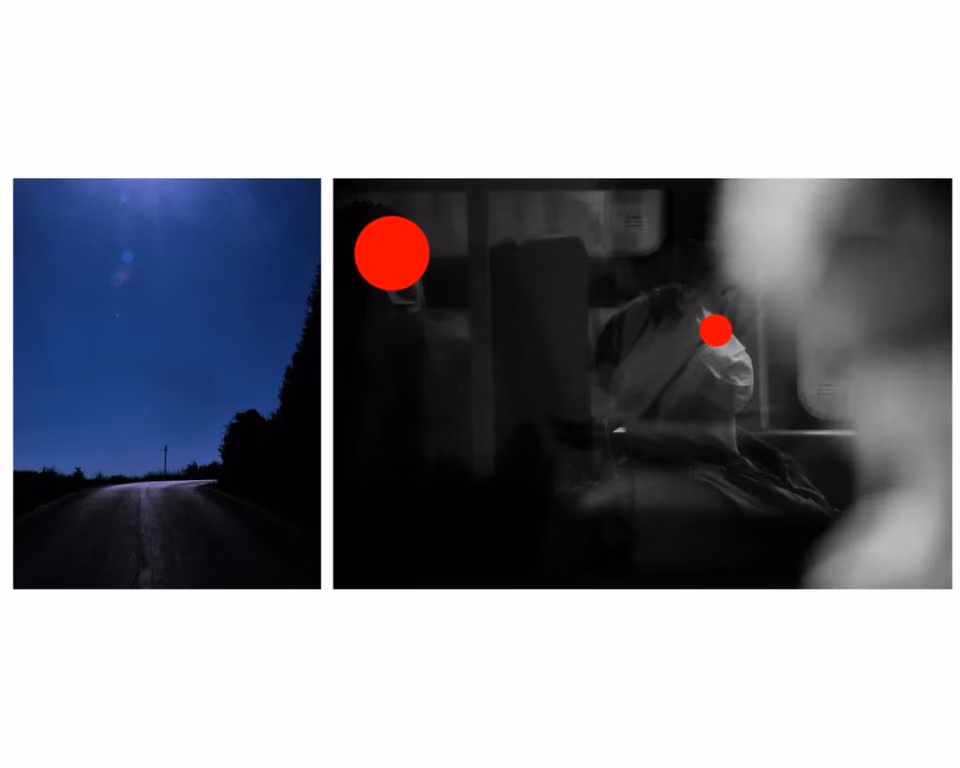 白底并置两图：左为深蓝色夜空下的道路，右为黑白车内模糊人影，两枚红点