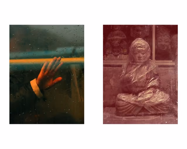 双联图：左为雨滴车窗内一只被红光映亮的手，右为暗红色调中裹塑料膜的坐佛
